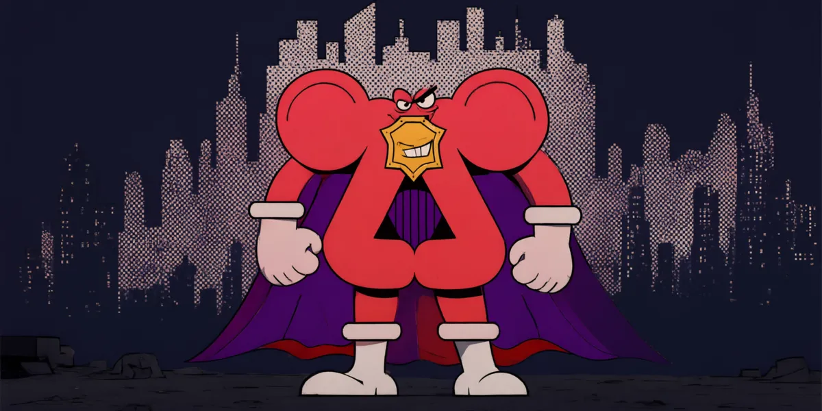 Arch Idiot in his purple cape, gold shield on his chest, grinning at a halftone city