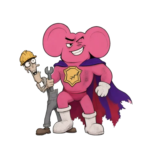 Lackey Lugnut in his dented hardhat, wrench in hand, lurking behind Arch Idiot